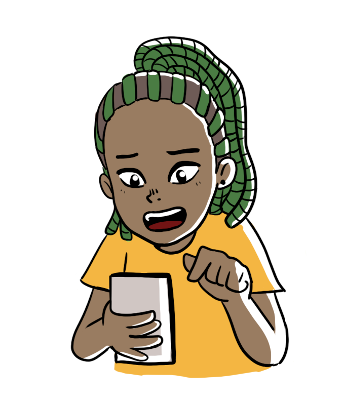 Desenho de uma jovem preta de tranças verdes e camisa laranja sorrindo e usando um celular.
